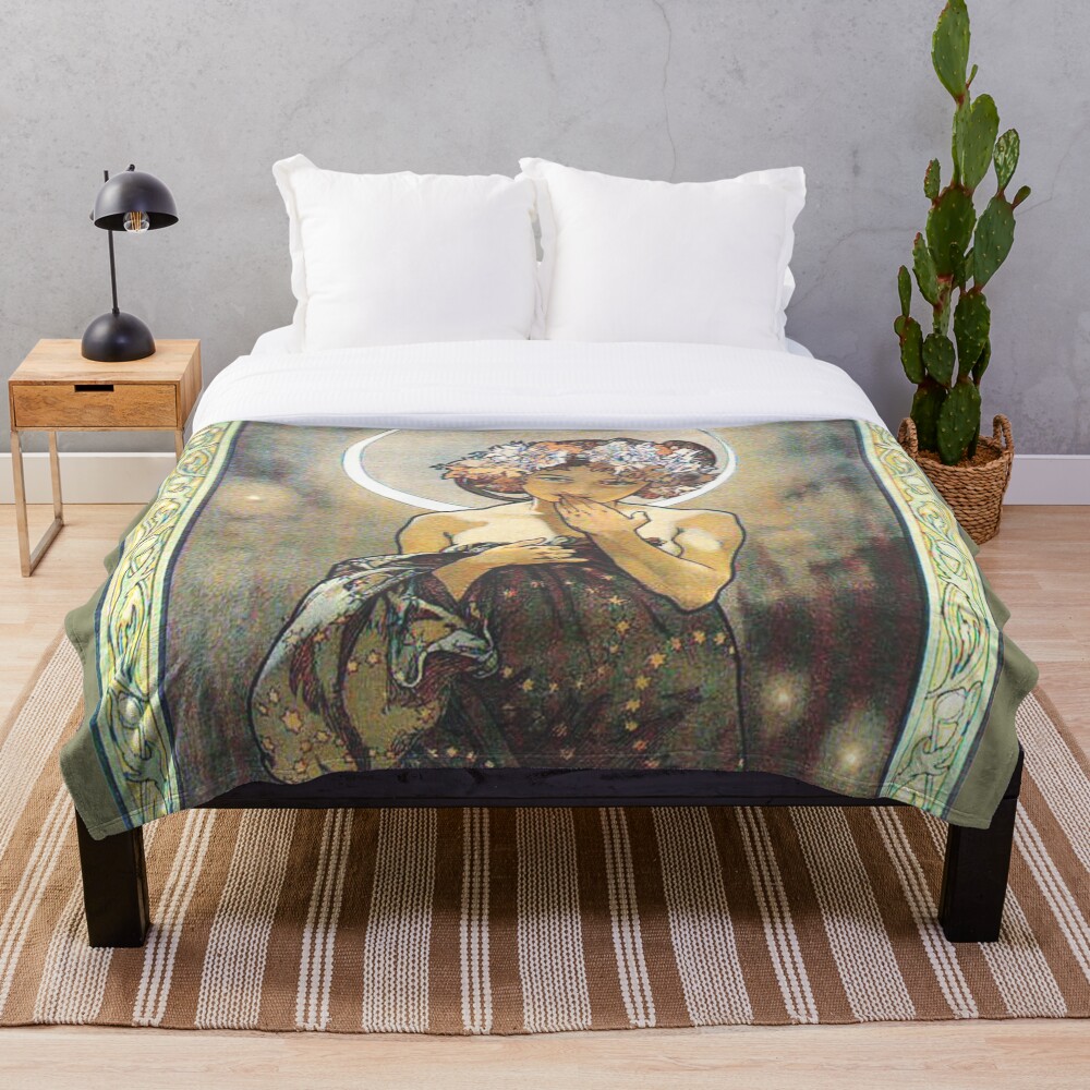 HD. The Moon and the Stars, (number 1 from serie of 4) by Alphonse Mucha (1902) HIGH DEFINITION Throw Blanket