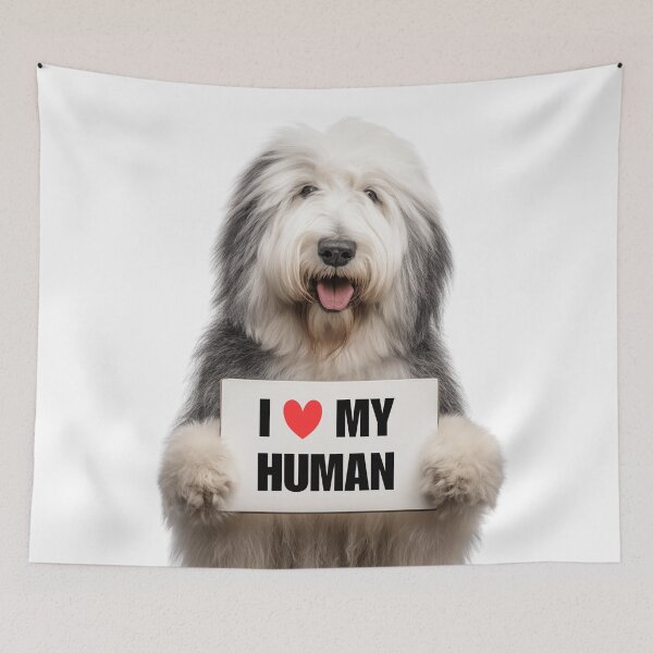Item preview, Cute Old English Sheepdog with Signboard I love my Human  designed and sold by LazyOwlStore.