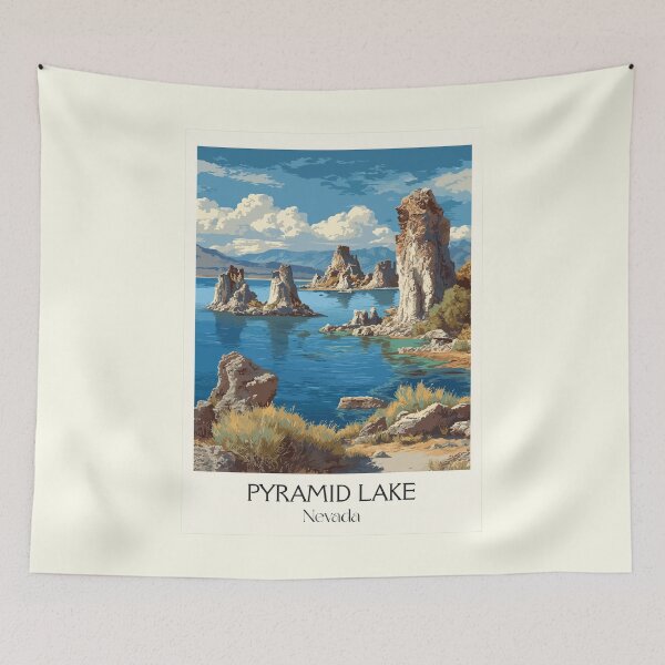 Item preview, Pyramid Lake Nevada Travel Poster | Vintage Tufa Formations Wall Art designed and sold by TuncGK.