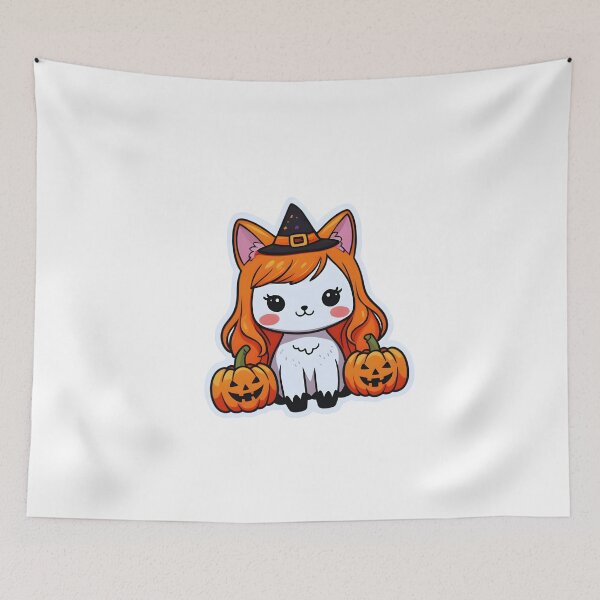 Item preview, Kawaii Halloween Cat – Orange Wig Witch Hat & Pumpkins designed and sold by OsasChild.