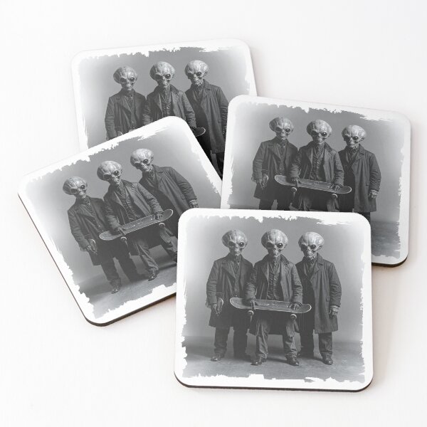 Item preview, Three Vintage Aliens Holding a Skateboard – Retro Industrial Style Art designed and sold by FoxWink Inc.