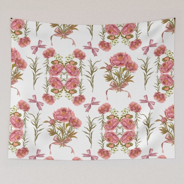 Item preview, Seamless delicate watercolor botanical pattern with pink peonies and pink bows on a white background designed and sold by Grin Katalina Floral Patterns & Cozy Art.