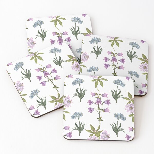 Artikelvorschau, Nahtloses Aquarell-Aquarellmuster mit leuchtend violetten Glockenblumen und Passionsfruchtblüten auf weißem Hintergrund entworfen und verkauft von Grin Katalina Floral Patterns & Cozy Art.