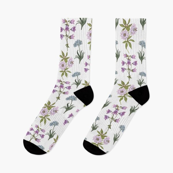 Item preview,  Seamless watercolor aquarelle pattern with bright purple bellflowers and passion fruit flowers on white background designed and sold by Grin Katalina Floral Patterns & Cozy Art.
