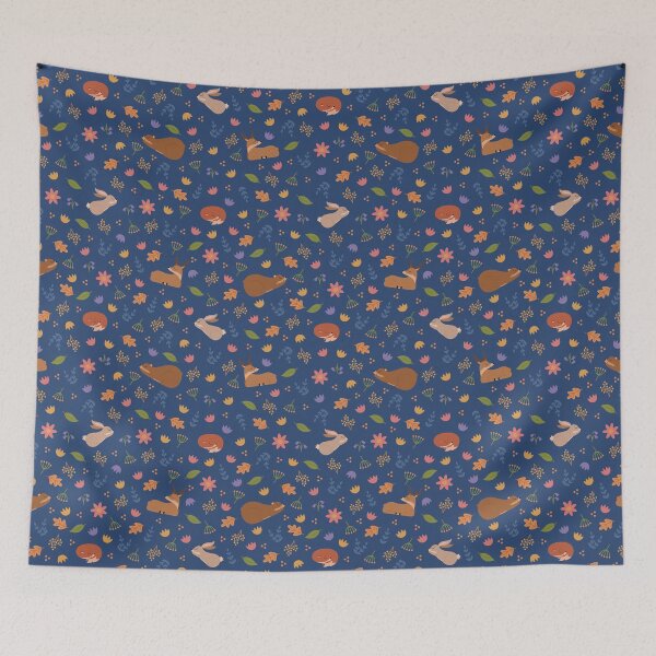 Item preview, Pattern "Fox, deer, bear and rabbit, folk pattern", blue background designed and sold by Allihorn.