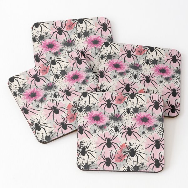 Item preview, Black Spiders And Webs On A Pink Watercolor Background designed and sold by CarrollGene.