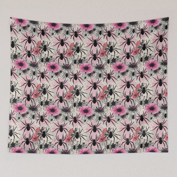 Item preview, Black Spiders And Webs On A Pink Watercolor Background designed and sold by CarrollGene.