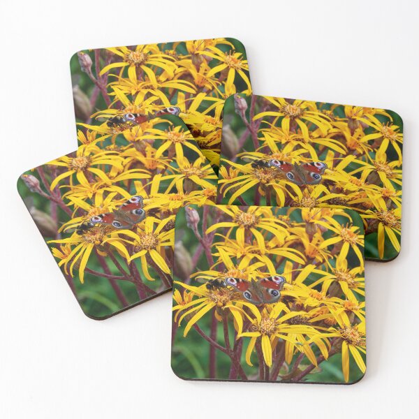 Item preview, Peacock butterfly and a bumbble bee on yellow flowers designed and sold by Jouko Lehto Photography.