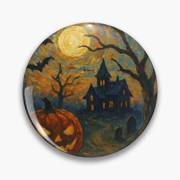 Item preview, Impressionist Halloween. Oil painting style. Horror design, pumpkin, mansion, bats, and full moon. designed and sold by Sira y El Loco.