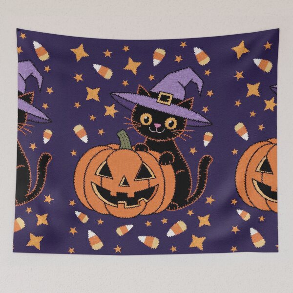Item preview, Cute Black Cat and Pumpkin Embroidery Style Halloween Design designed and sold by HAFIZ-DP.