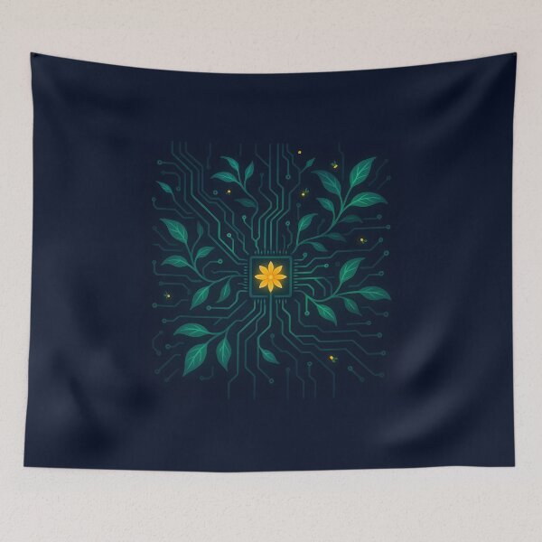 Item preview, Overgrown Neon Circuit — Cyber-Botanical Motherboard designed and sold by VoidBloom Studio.