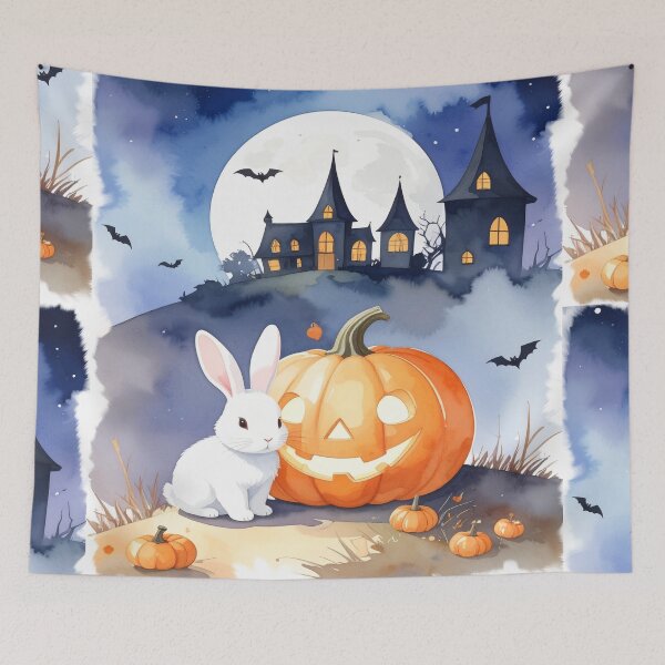 Item preview, Halloween white rabbit with witch house, night sky, pumpkins and bats watercolors designed and sold by LiskoDesign.