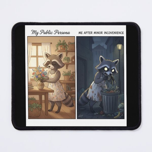 Item preview, My Public Persona vs. Me After a Minor Inconvenience — Raccoon Two-Panel Comic designed and sold by VoidBloom Studio.