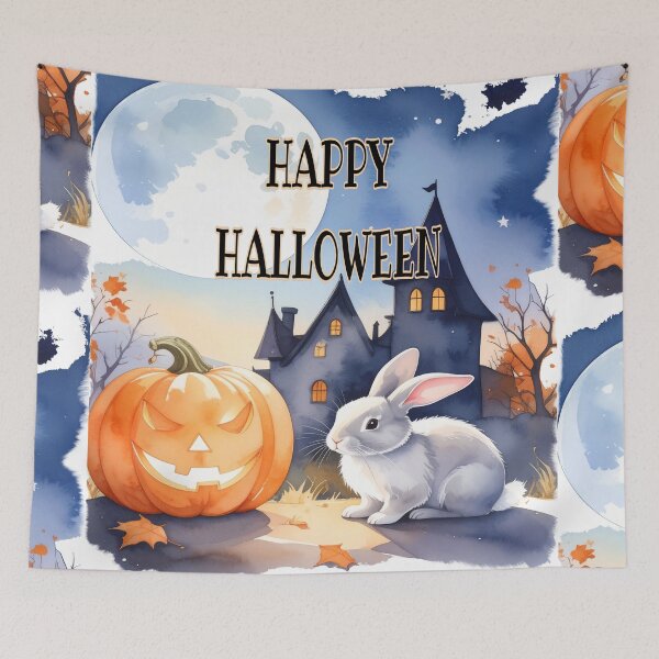 Item preview, Halloween bunny with witch's house, night sky, pumpkins and bats watercolors designed and sold by LiskoDesign.