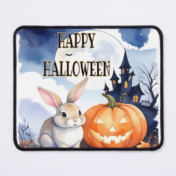 Item preview, Brown Halloween bunny with witch house, night sky, pumpkins and bats watercolors designed and sold by LiskoDesign.
