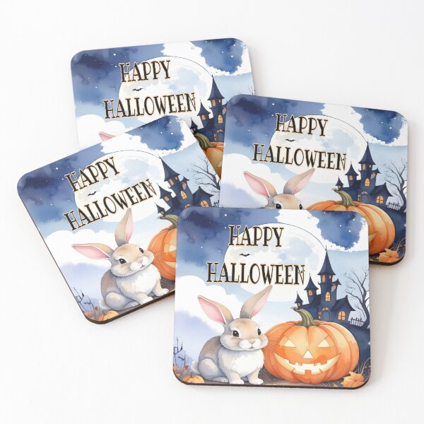 Item preview, Brown Halloween bunny with witch house, night sky, pumpkins and bats watercolors designed and sold by LiskoDesign.