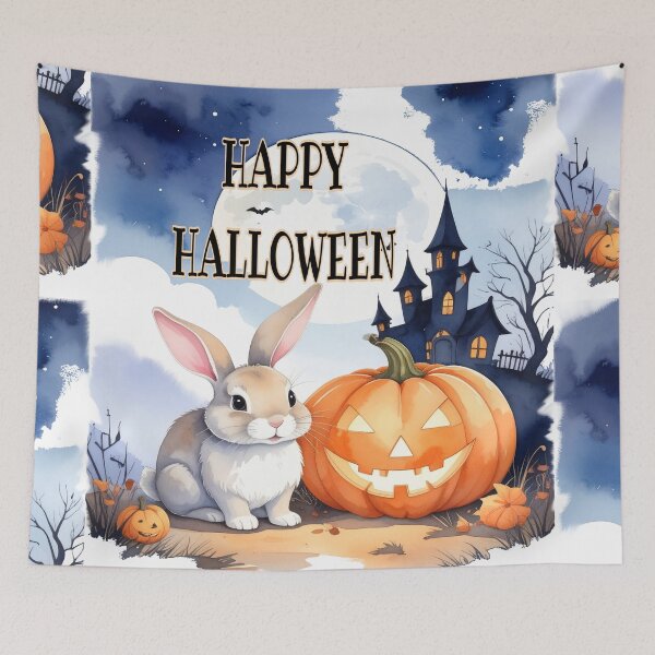 Item preview, Brown Halloween bunny with witch house, night sky, pumpkins and bats watercolors designed and sold by LiskoDesign.
