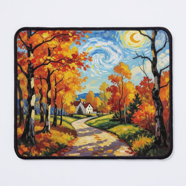Item preview, Golden Autumn Hideaway – Impressionistic forest scene with house, path & swirling sky designed and sold by FotoworldEdel.
