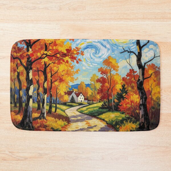Item preview, Golden Autumn Hideaway – Impressionistic forest scene with house, path & swirling sky designed and sold by FotoworldEdel.