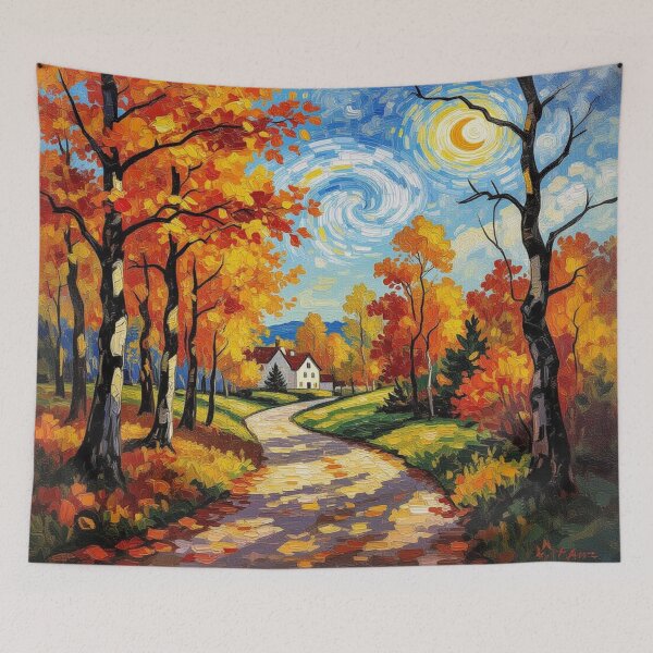 Item preview, Golden Autumn Hideaway – Impressionistic forest scene with house, path & swirling sky designed and sold by FotoworldEdel.