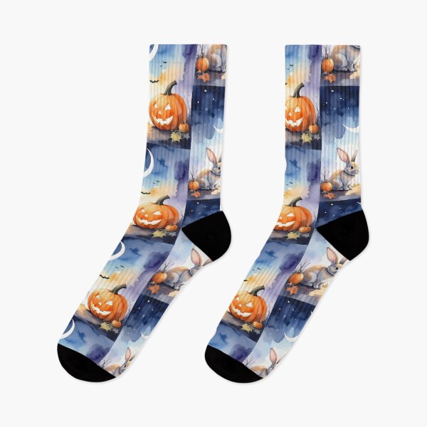 Item preview, Watercolor Halloween bunny with new moon, night sky, pumpkins and bats designed and sold by LiskoDesign.