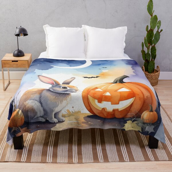 Item preview, Watercolor Halloween bunny with new moon, night sky, pumpkins and bats designed and sold by LiskoDesign.