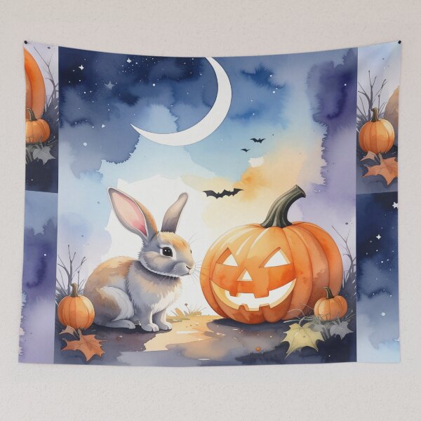 Item preview, Watercolor Halloween bunny with new moon, night sky, pumpkins and bats designed and sold by LiskoDesign.