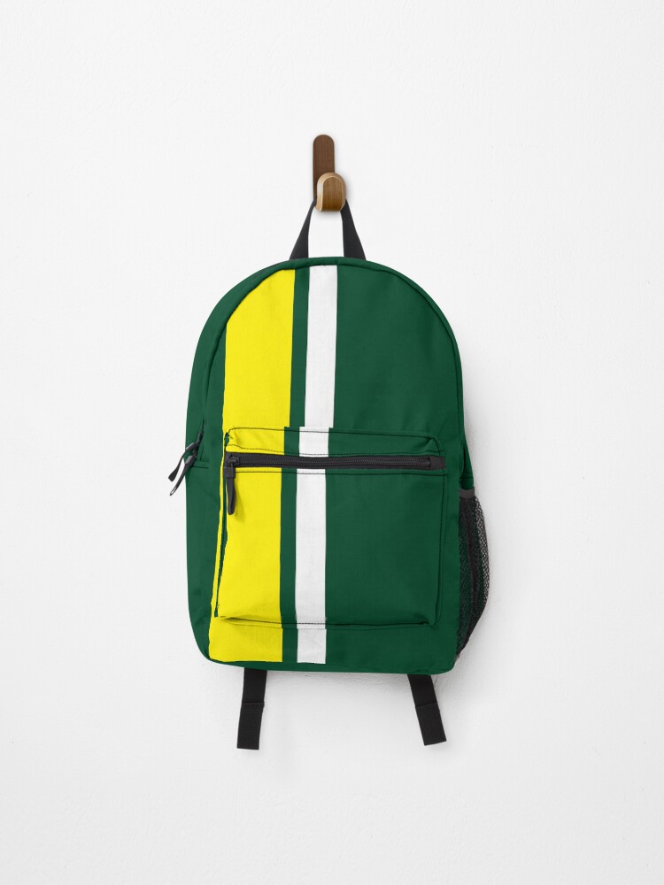 Thumbnail 1 of 3, Backpack, Single Racing Stripe Yellow - Thick - Rigth Side - White Pinstripe (British Racing Green) designed and sold by RacingStripes.