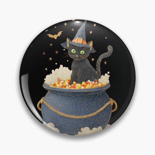 Item preview, Vintage Halloween Black Cat — Witch Hat & Candy Cauldron designed and sold by VikArt7.
