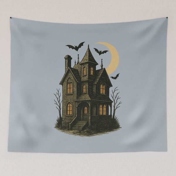 Item preview, Haunted House Under Crescent Moon Vintage Gothic Bats Night Scene designed and sold by FreshVibe Prints.