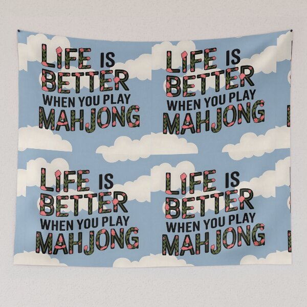 Item preview, Life Is Better When You Play Mahjong – Floral Lettering on Blue Sky Design designed and sold by EmeraldeaArt.