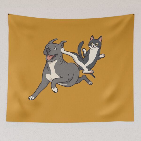 Item preview, Flying Kick Feline vs Happy Pup – Funny Cartoon Cat & Dog Action Art  Playful Pet Lovers Print designed and sold by NitiDigitalxRyu.