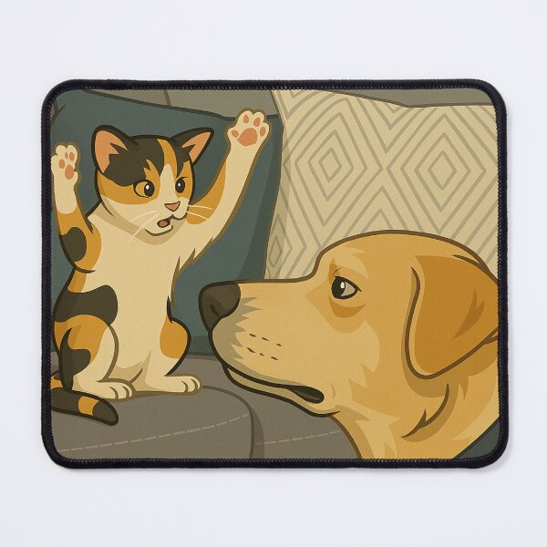Item preview, Playful Standoff – Cartoon Calico Cat & Golden Retriever on Cozy Couch Whimsical Pet Art Print designed and sold by NitiDigitalxRyu.