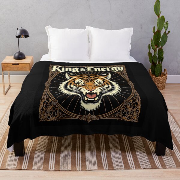 Aperçu de l'œuvre Typographie gothique King Energy – Illustration minimaliste Roaring Tiger or et blanc créée et vendue par Rudro-Fashion.
