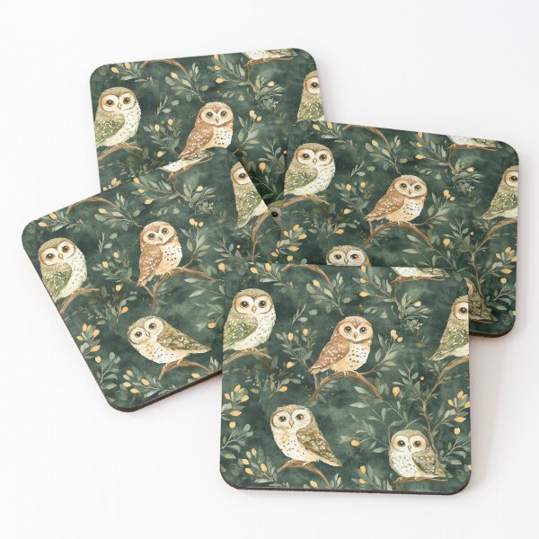 Item preview, Night Forest Dark Green Watercolor Owls All Over designed and sold by Feeling Artsy.