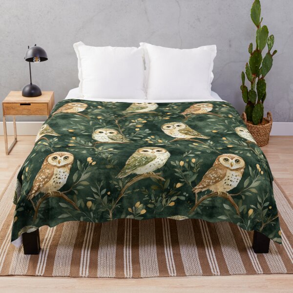 Item preview, Night Forest Dark Green Watercolor Owls All Over designed and sold by Feeling Artsy.