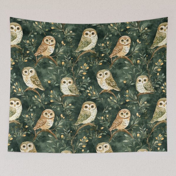 Item preview, Night Forest Dark Green Watercolor Owls All Over designed and sold by Feeling Artsy.