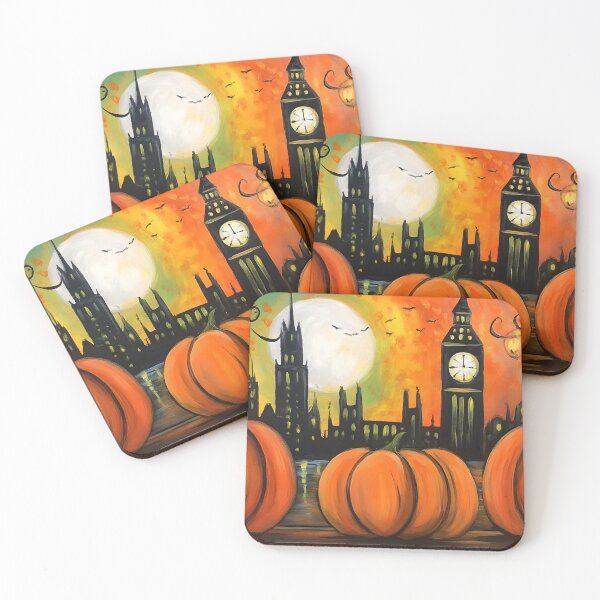 Item preview, Marvel at the City's Halloween Big Ben Clock Tower with Three Glowing Pumpkins Under a Fiery Moon designed and sold by OlfactoART Studio.