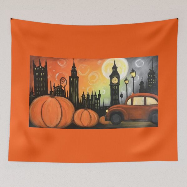 Item preview, Whimsical Halloween Streets with Big Ben Clock Tower Giant Pumpkins and Autumnal Charm designed and sold by OlfactoART Studio.