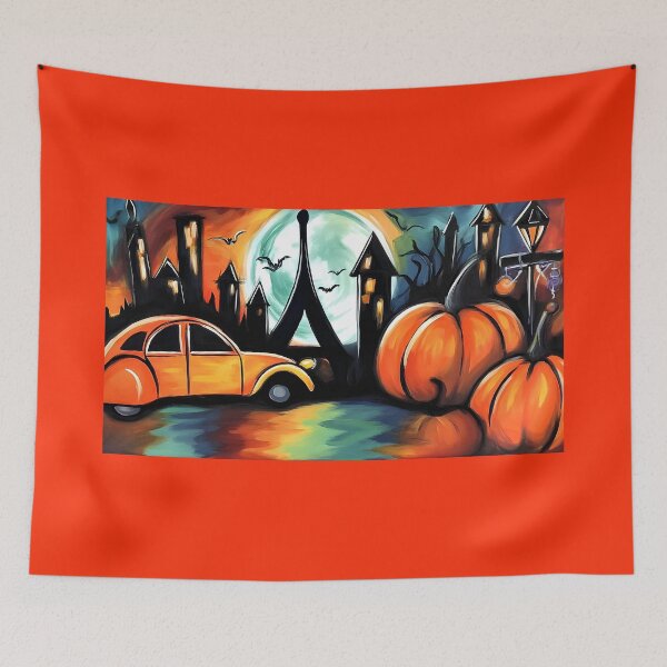 Item preview, Explore Moonlit Paris with Glowing Pumpkins Bats and a Charming Vintage Car designed and sold by OlfactoART Studio.