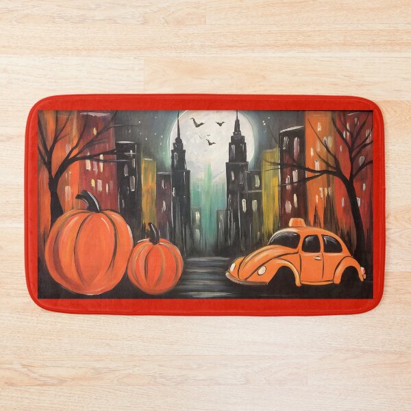 Item preview, Explore a Moonlit Halloween City with Giant Pumpkins Playful Car and Fluttering Bats designed and sold by OlfactoART Studio.