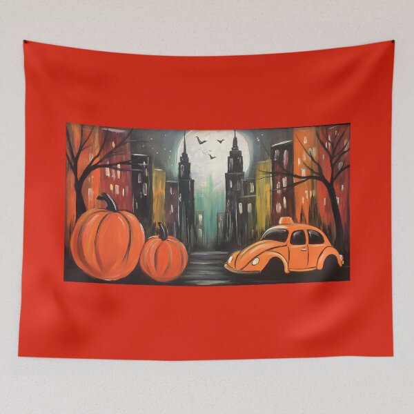 Item preview, Explore a Moonlit Halloween City with Giant Pumpkins Playful Car and Fluttering Bats designed and sold by OlfactoART Studio.