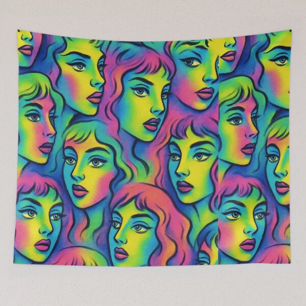 Aperçu de l'œuvre Motif de visages de déesses néon psychédéliques créée et vendue par weirdfishes123.