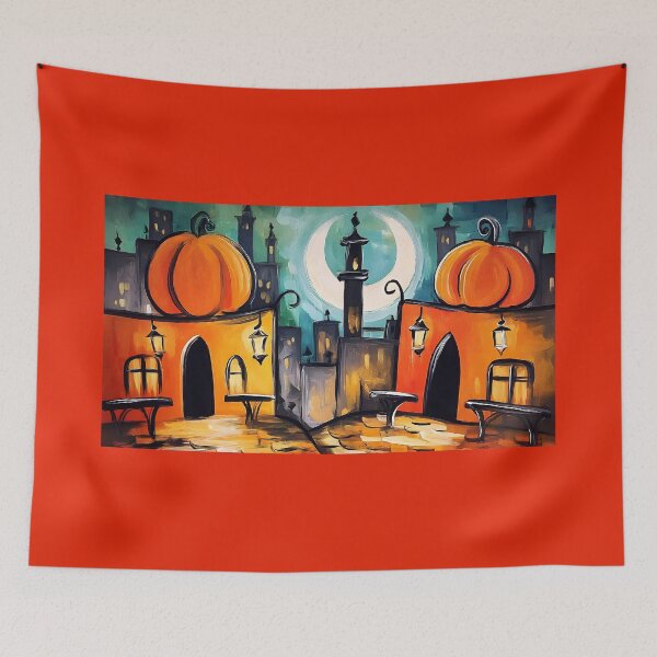 Item preview, Wander Through a Surreal Halloween Arabian Town with Crescent Moon Giant Pumpkins and Glowing Streetlamps designed and sold by OlfactoART Studio.
