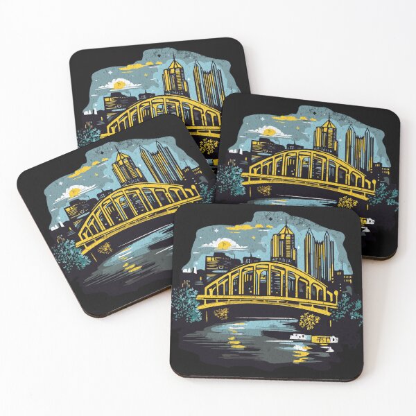 Item preview, Pittsburgh Skyline at Night – Black and Gold City Bridge Design designed and sold by AandZNoveltee.