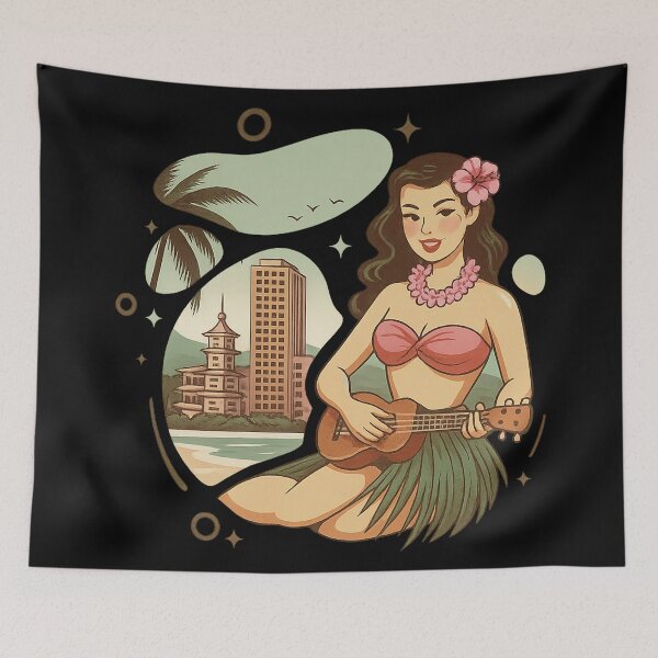 Item preview, Vintage Hawaiian Hula Girl Shirt – Retro Island Ukulele Player Tiki Bar Luau Vacation Tee designed and sold by DrawHandArt.