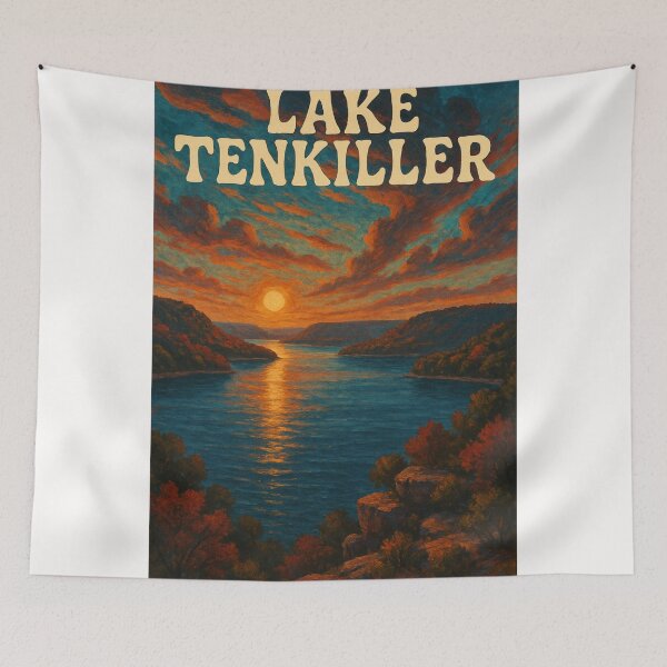 Item preview,  Lake Tenkiller, Oklahoma – Fiery Sunset Over Mountainous Shoreline designed and sold by Places On Earth.