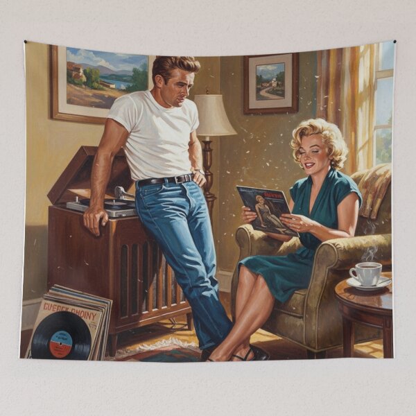 Item preview, James Dean & Marilyn Monroe - Retro Record Listening Art 2nd Edition designed and sold by Art's Diner.