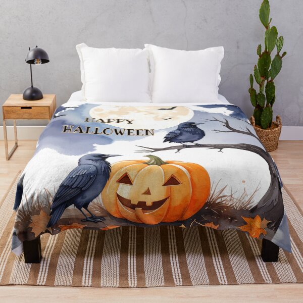 Item preview, Happy Halloween Ravens with Night Sky, Pumpkins and Bats Watercolor designed and sold by LiskoDesign.