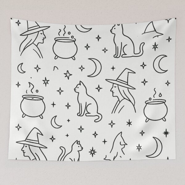 Item preview, Minimalist Witchcraft Pattern – Witches, Cats and Cauldrons designed and sold by LoomisDreams.